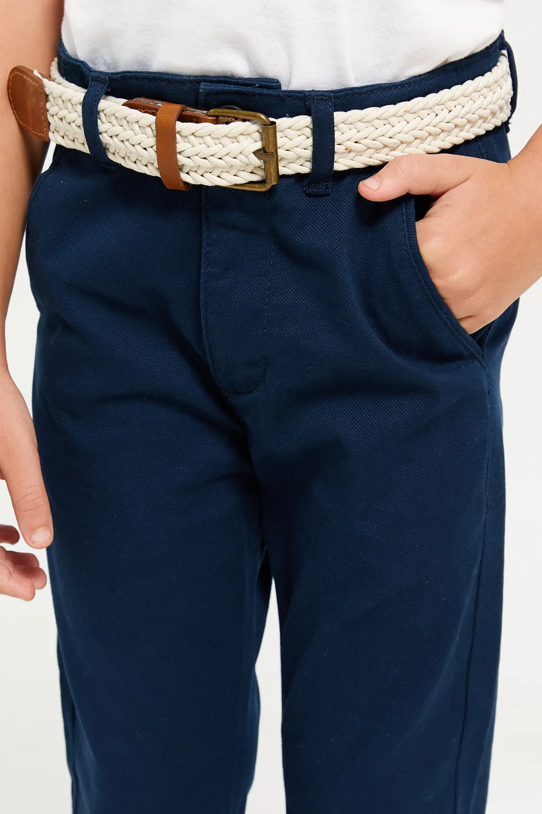 Boys Navy Dobby Fabric Belted Trouser