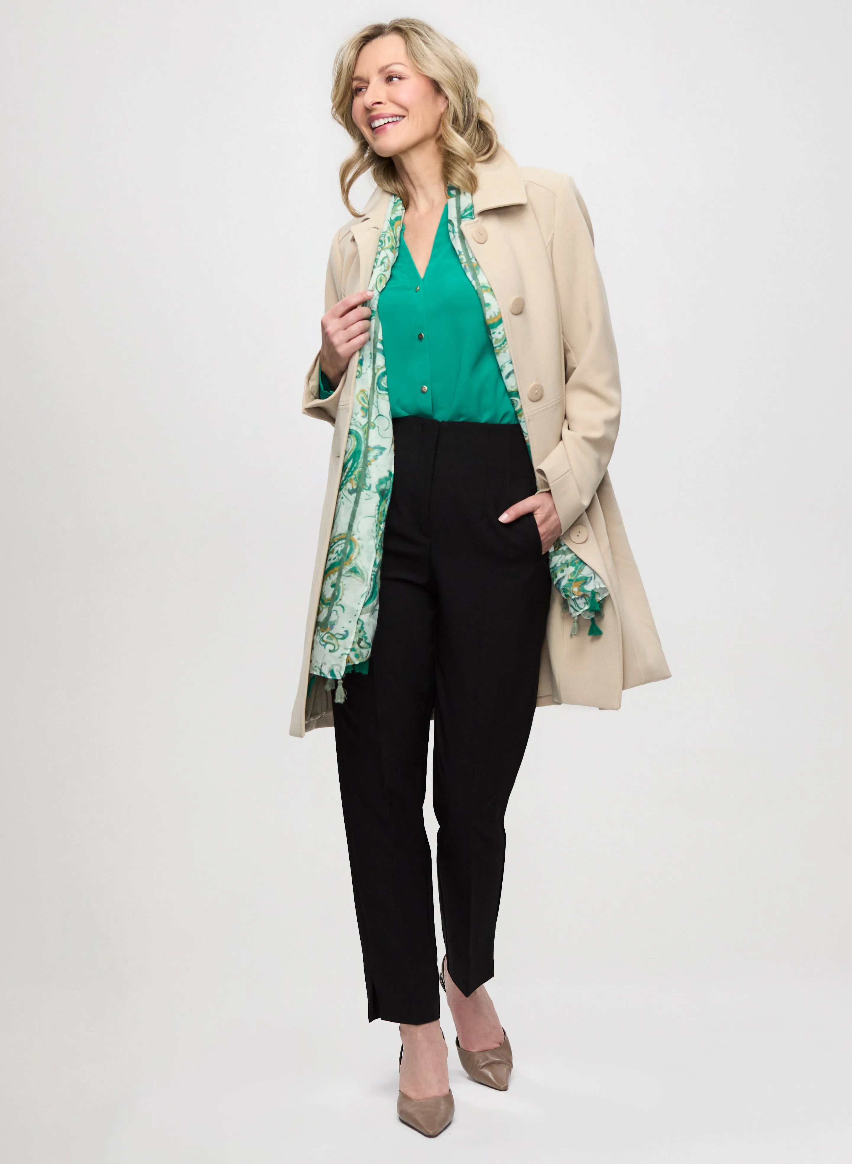 Button Front Tricotine Trench Coat & Slim Leg Pants