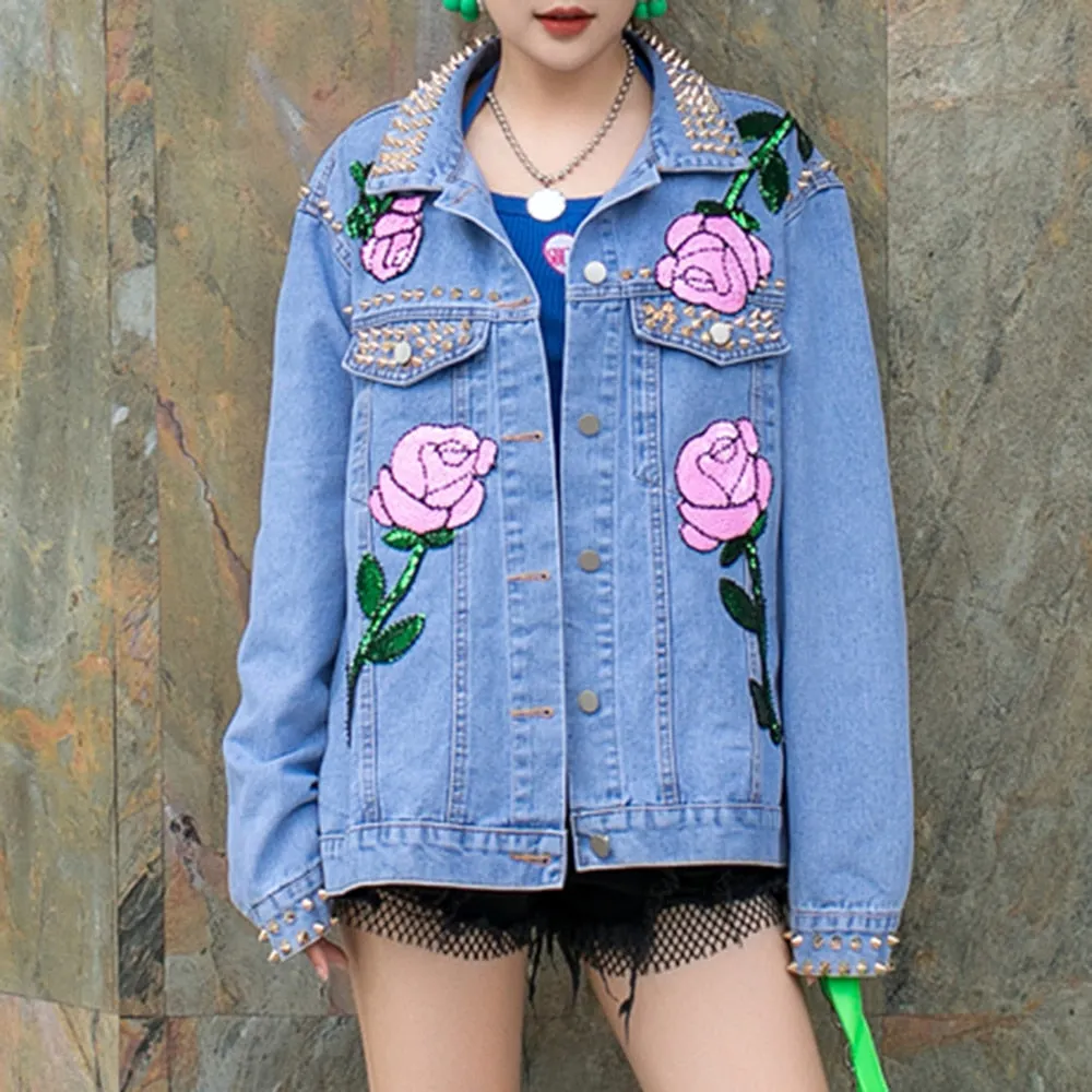 Colorblock Patchwork Rivet Designer Denim Jackets For Women Lapel Long Sleeve Spliced Floral Loose Jacket Female