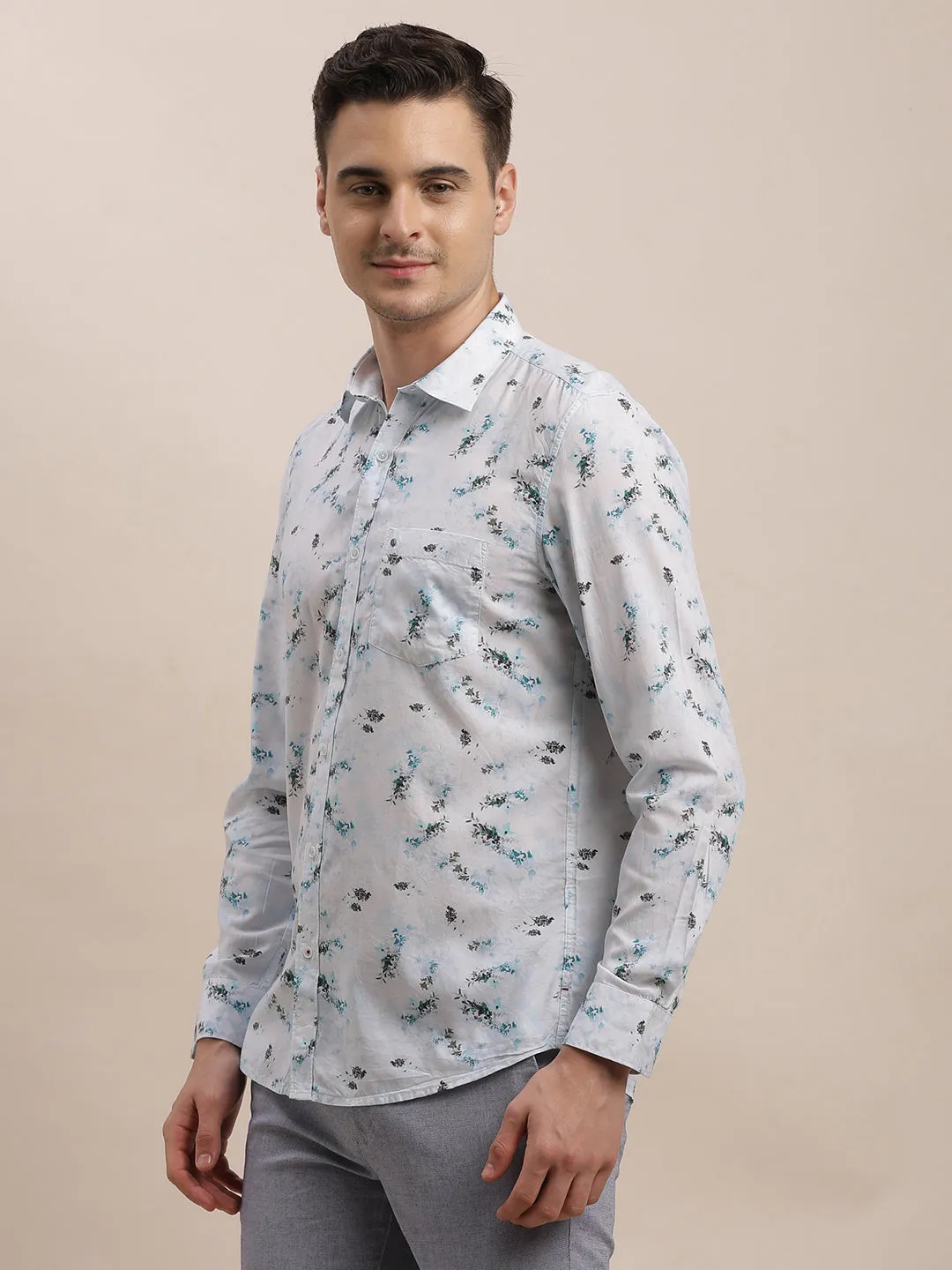 Cotton Modal White Digital Printed Slim Fit Full Sleeve Casual Shirt