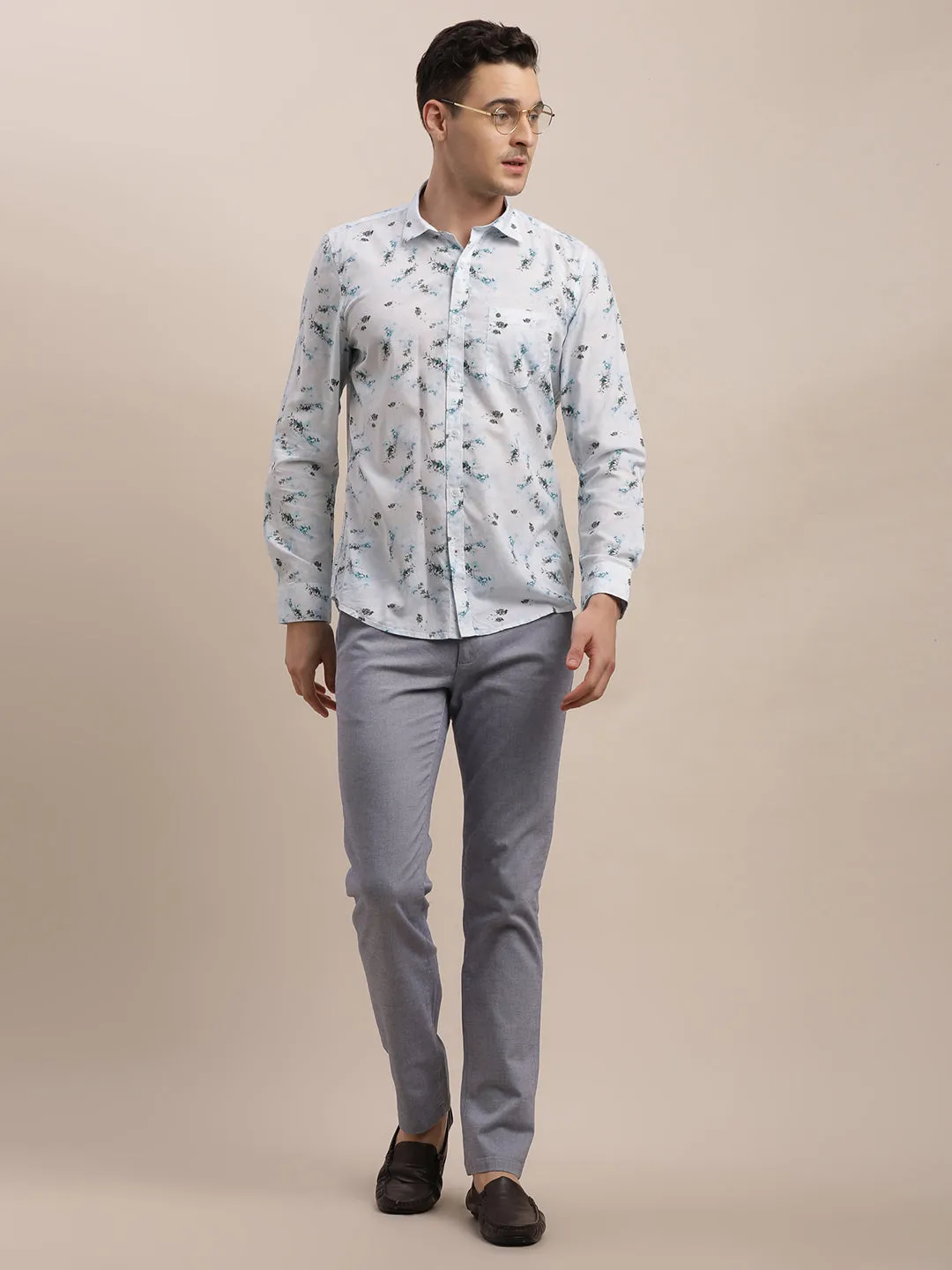 Cotton Modal White Digital Printed Slim Fit Full Sleeve Casual Shirt