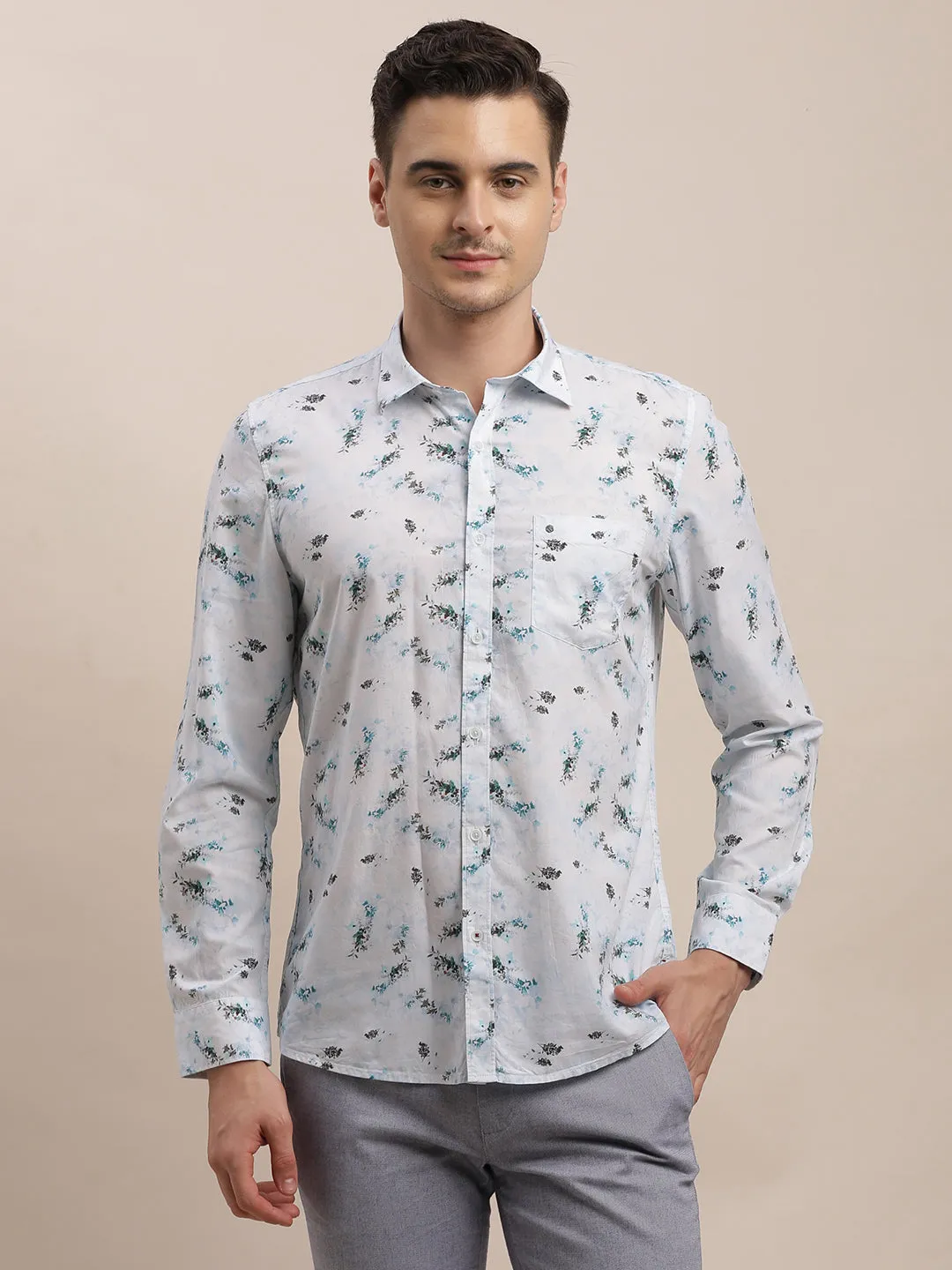 Cotton Modal White Digital Printed Slim Fit Full Sleeve Casual Shirt