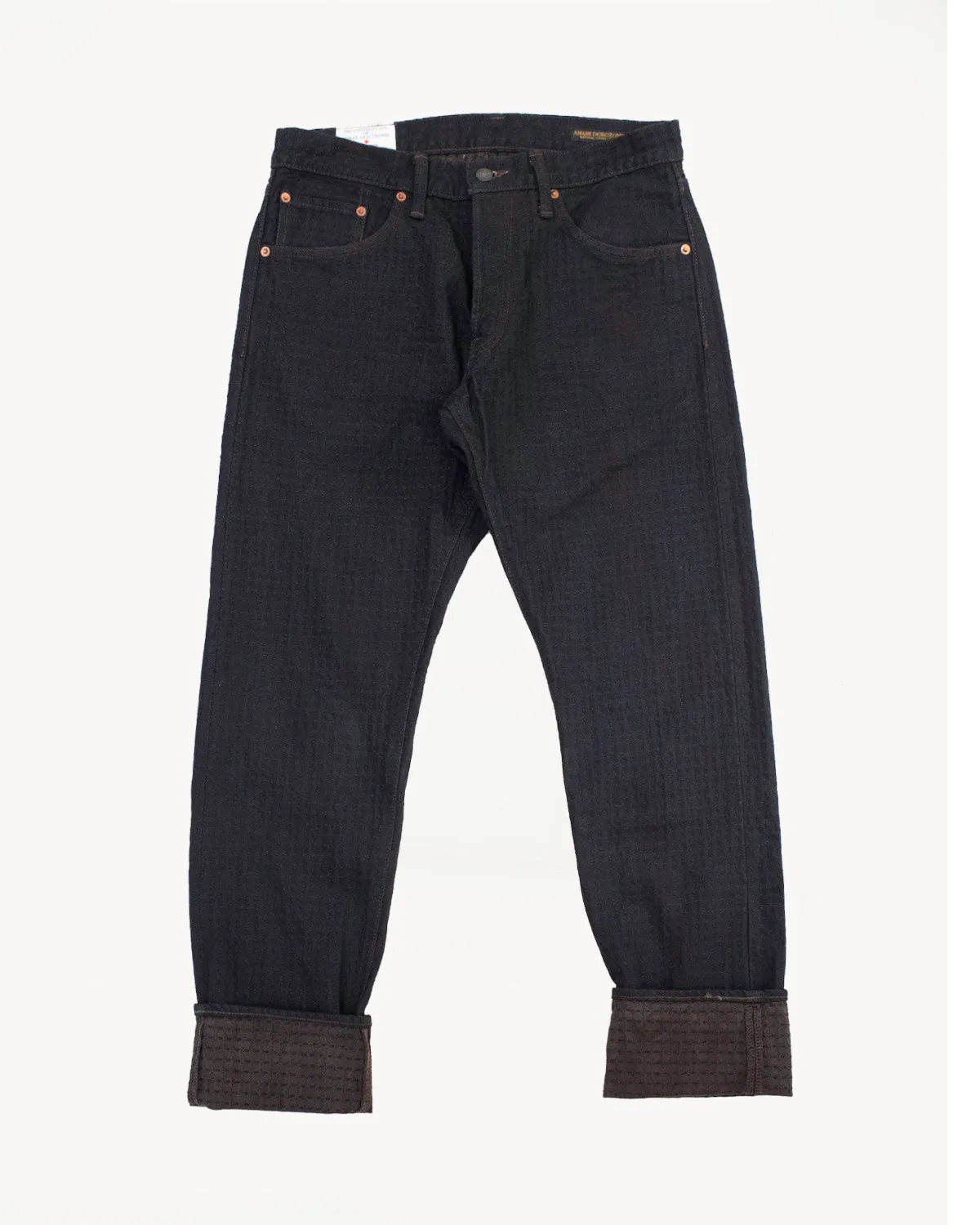 D1867S - 15.5oz "Amami Dorozome" Sashiko Denim Jeans Relaxed Taper - Dark Brown