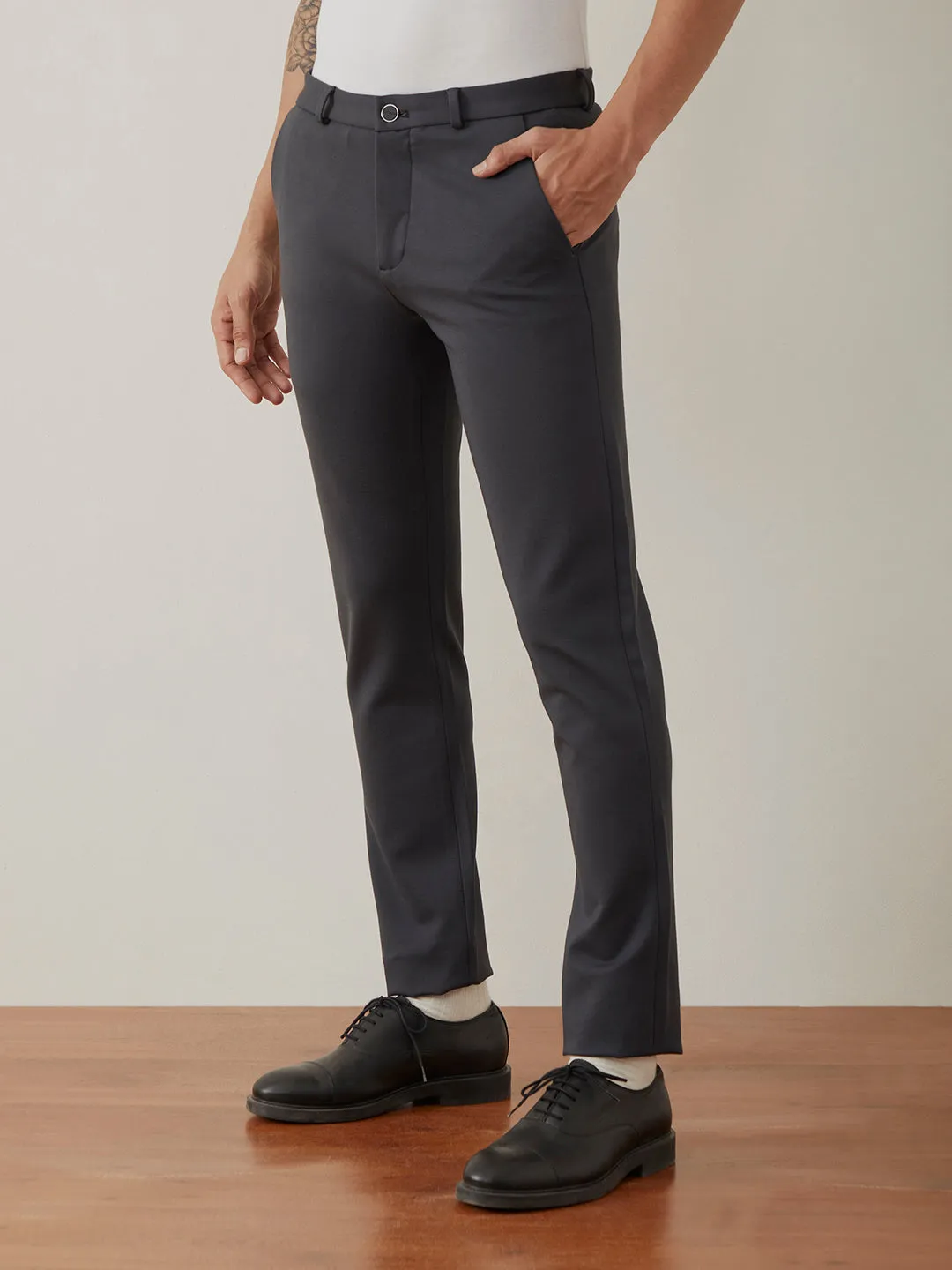 Dark Grey Plain Bi-Stretch Slim Trousers