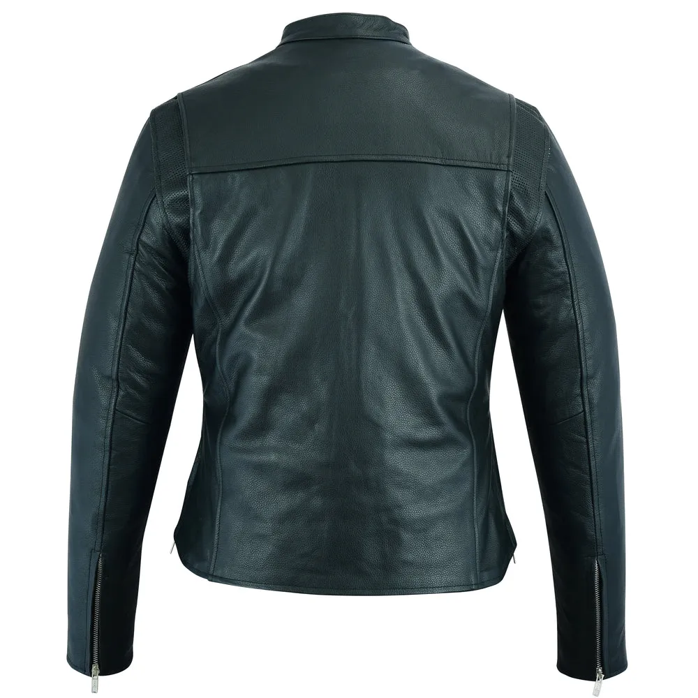 DS839 Women's Black Leather Jacket No Collar Modern Look