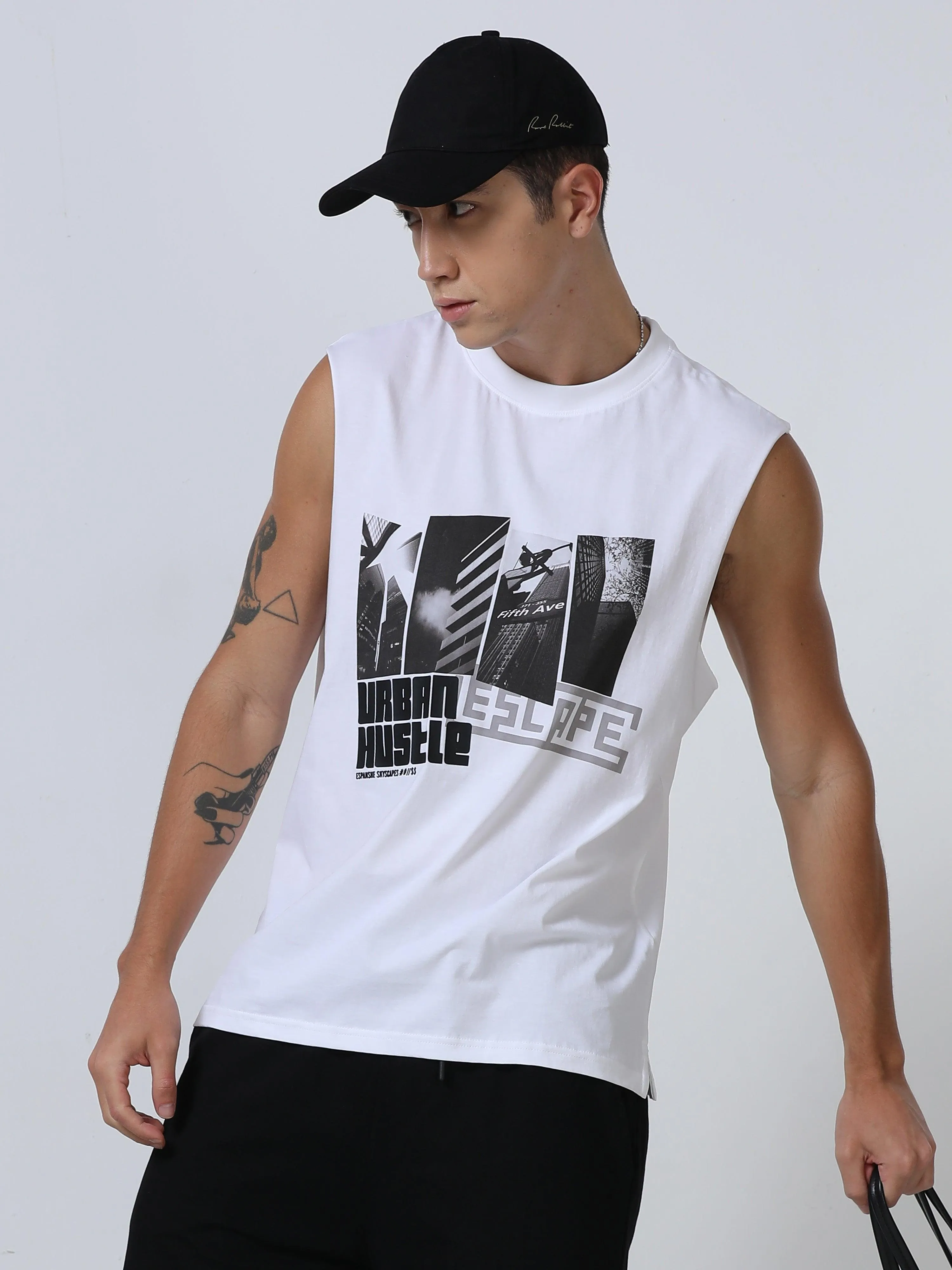 Escape Printed Sleeveless T-Shirt White