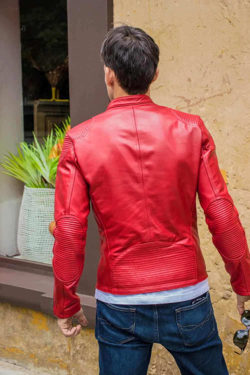 FALLOUT Leather Jacket  Red   - Cafe Racer