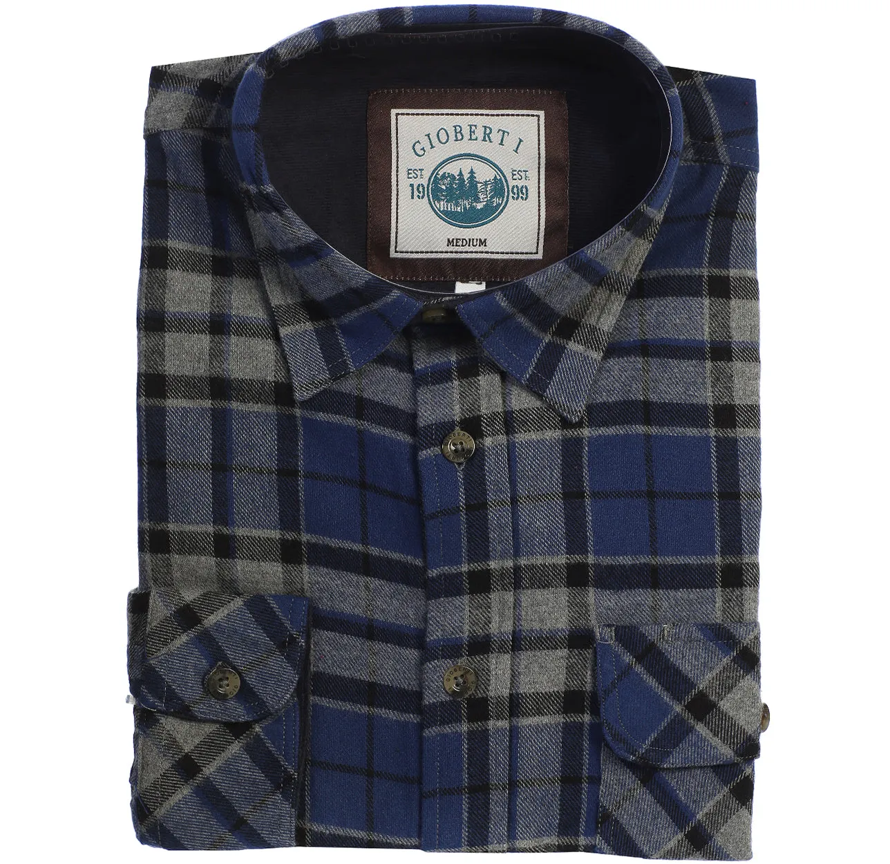 Gioberti Men's Gray / Royal Blue / Black 100% Cotton Brushed Flannel Plaid Checkered Shirt with Corduroy Contrast