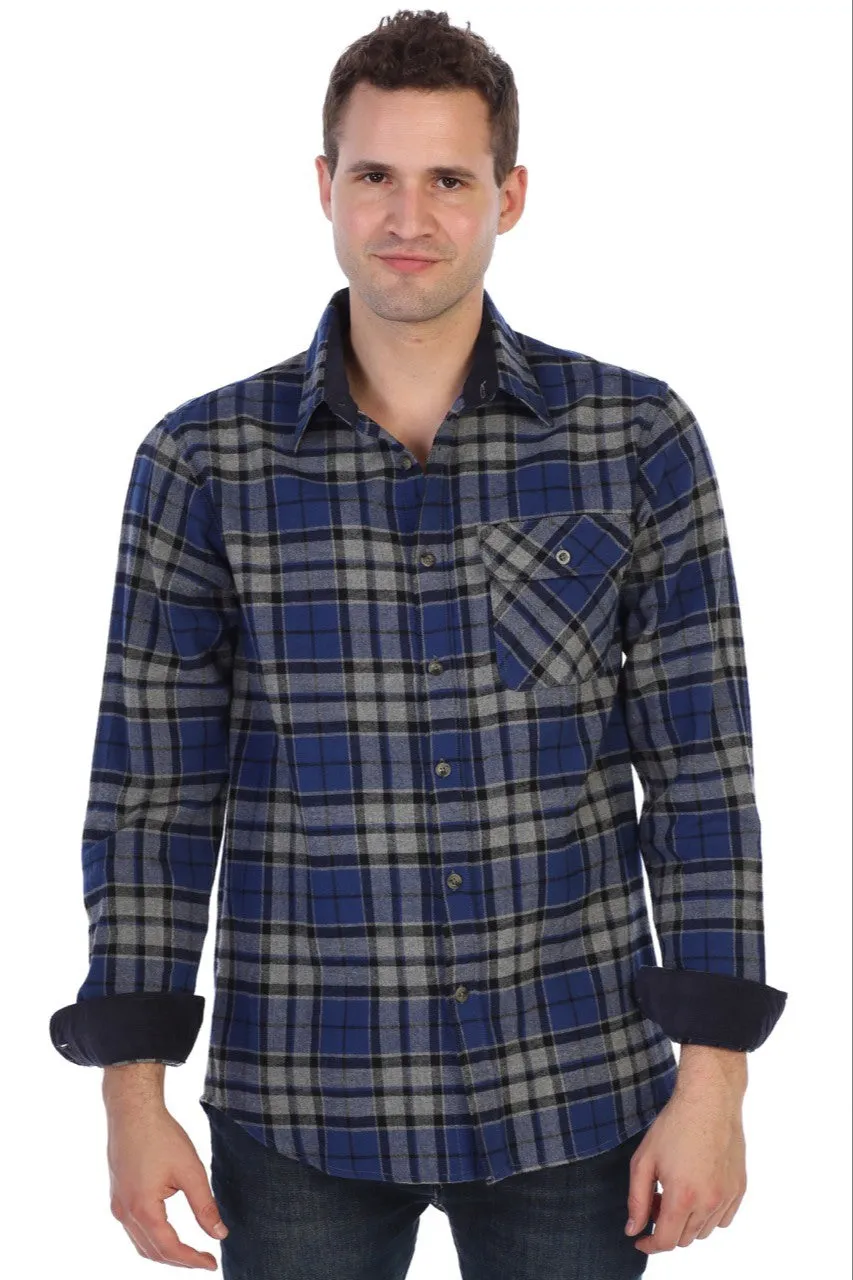 Gioberti Men's Gray / Royal Blue / Black 100% Cotton Brushed Flannel Plaid Checkered Shirt with Corduroy Contrast