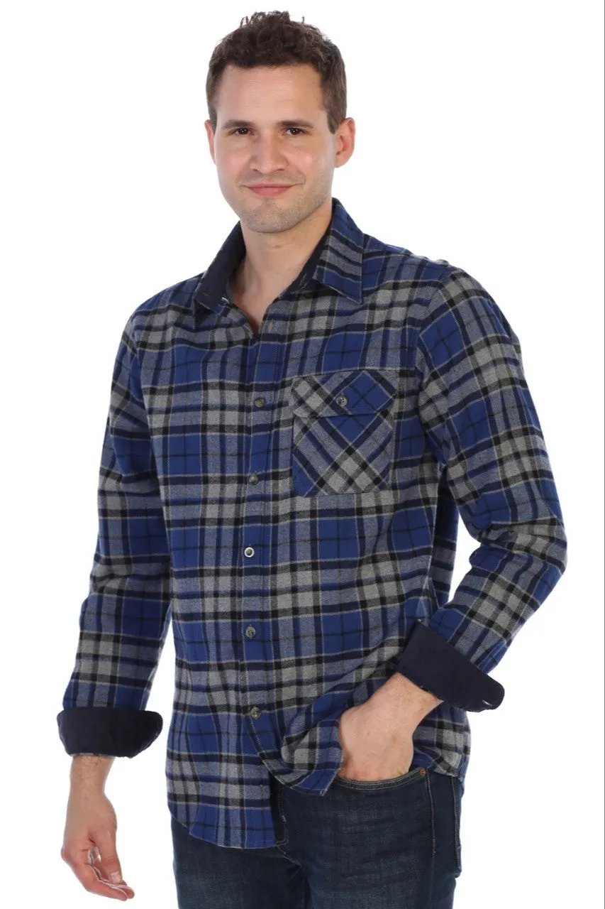 Gioberti Men's Gray / Royal Blue / Black 100% Cotton Brushed Flannel Plaid Checkered Shirt with Corduroy Contrast