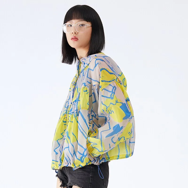 Korean Casual Yellow Print Coat For Women Hooded Batwing Long Sleeve Short Loose Sun Protection Coats Female Summer