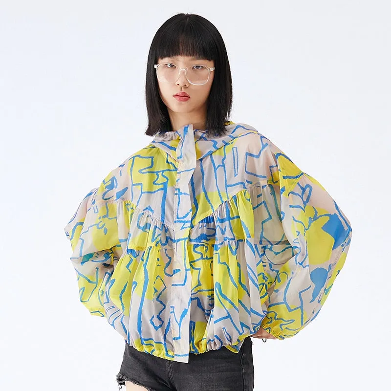 Korean Casual Yellow Print Coat For Women Hooded Batwing Long Sleeve Short Loose Sun Protection Coats Female Summer