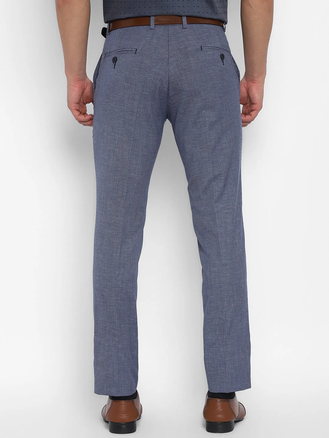 Linen Blue Self Design Slim Fit Trouser