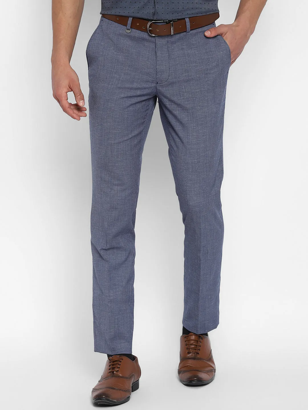 Linen Blue Self Design Slim Fit Trouser