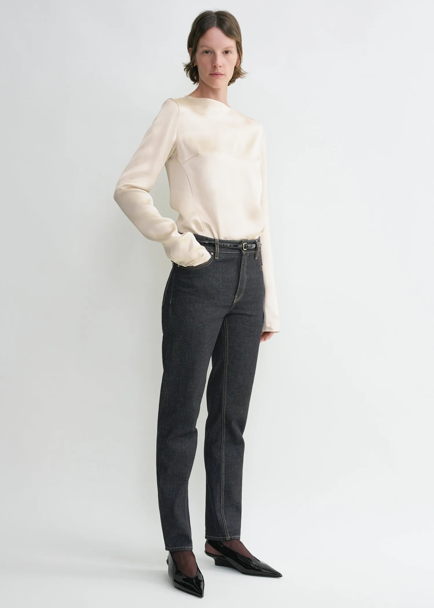 Long-sleeve satin top ecru