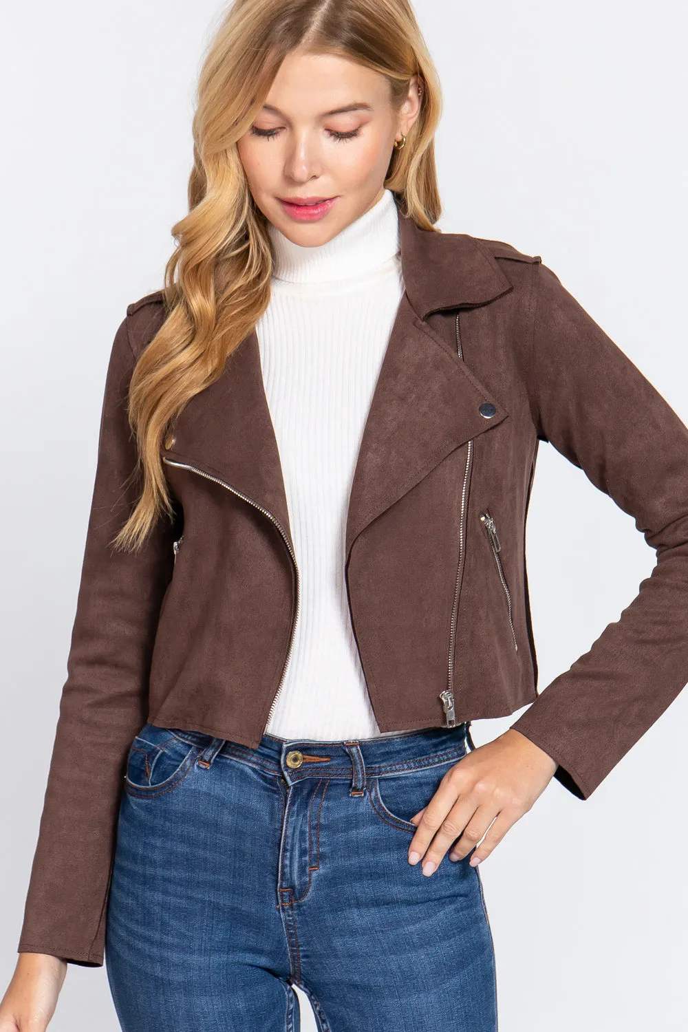 Long Slv Biker Faux Suede Short Jacket