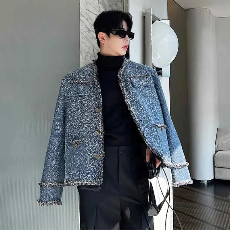 Male Denim Silhouette Wide Shaped Jacket Handsome Men's Clothing Korean Style Luxury Casual Loose Spliced Outerwear 9C3002