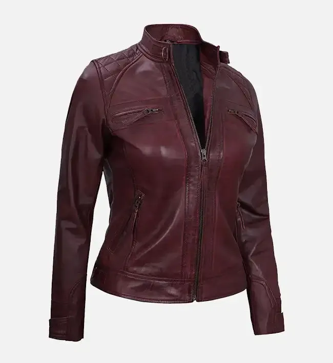 Maroon Women's Real Leather Motorcycle Jacket