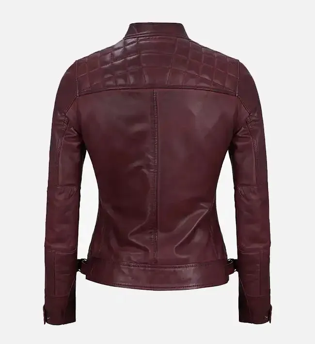 Maroon Women's Real Leather Motorcycle Jacket