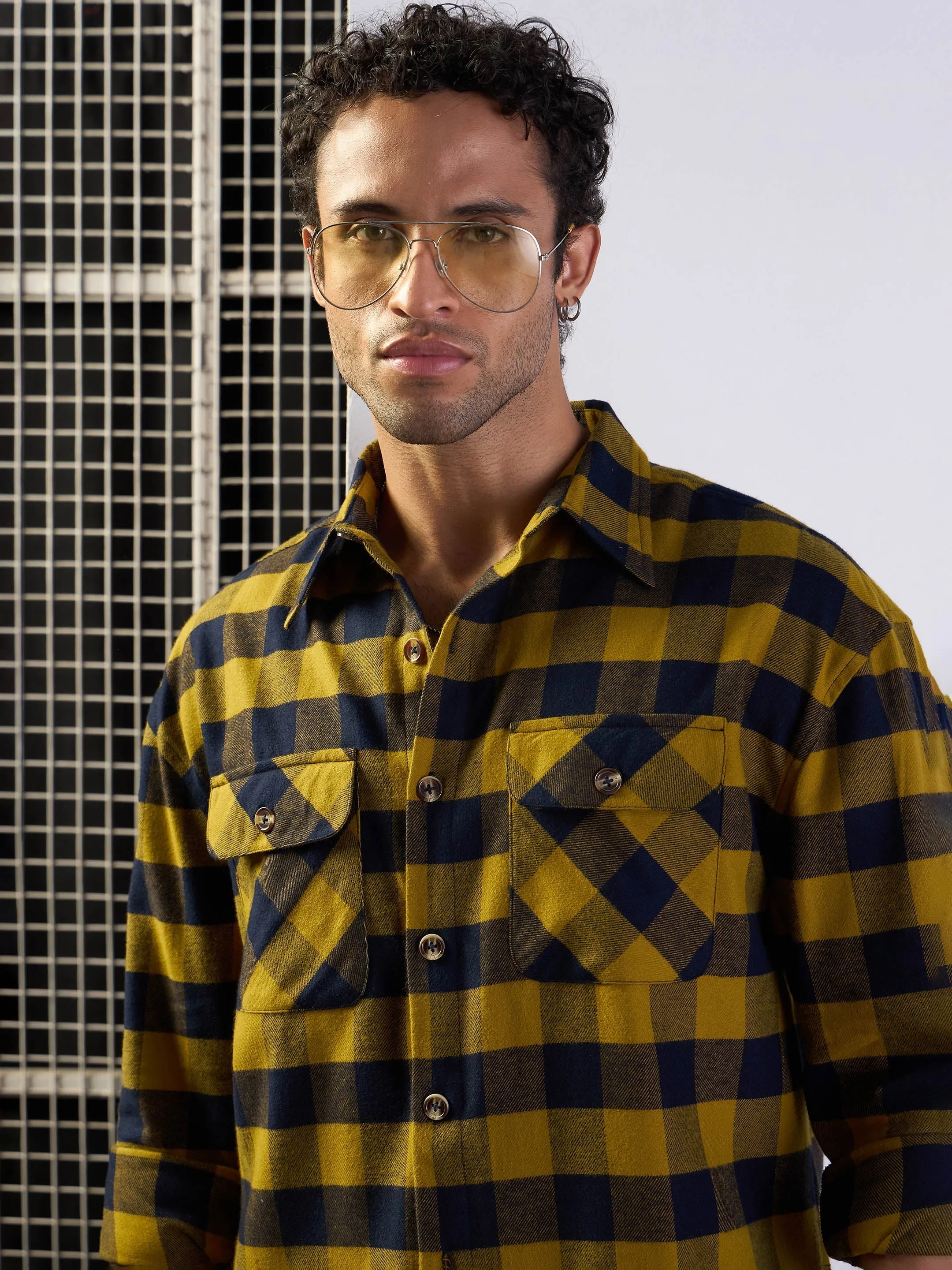 Men Mustard & Navy Check Flap Pocket Oversize Shirt