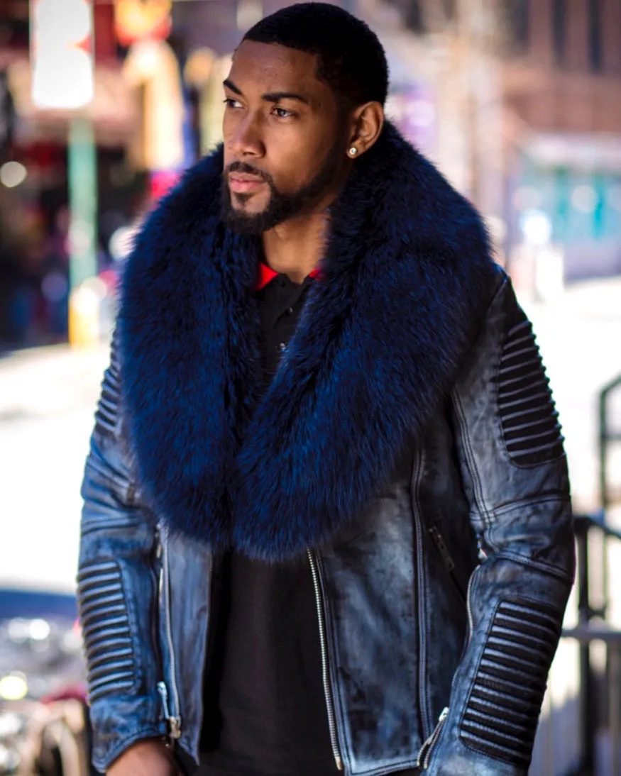 MEN WAX NAVY BLUE- BIKER RIBBLES WITH BLUE FOX FUR