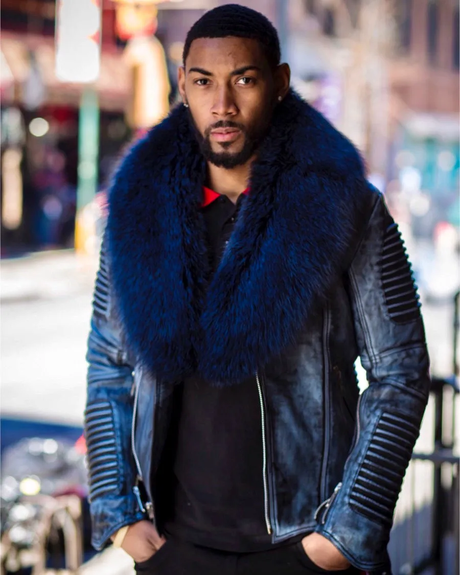 MEN WAX NAVY BLUE- BIKER RIBBLES WITH BLUE FOX FUR