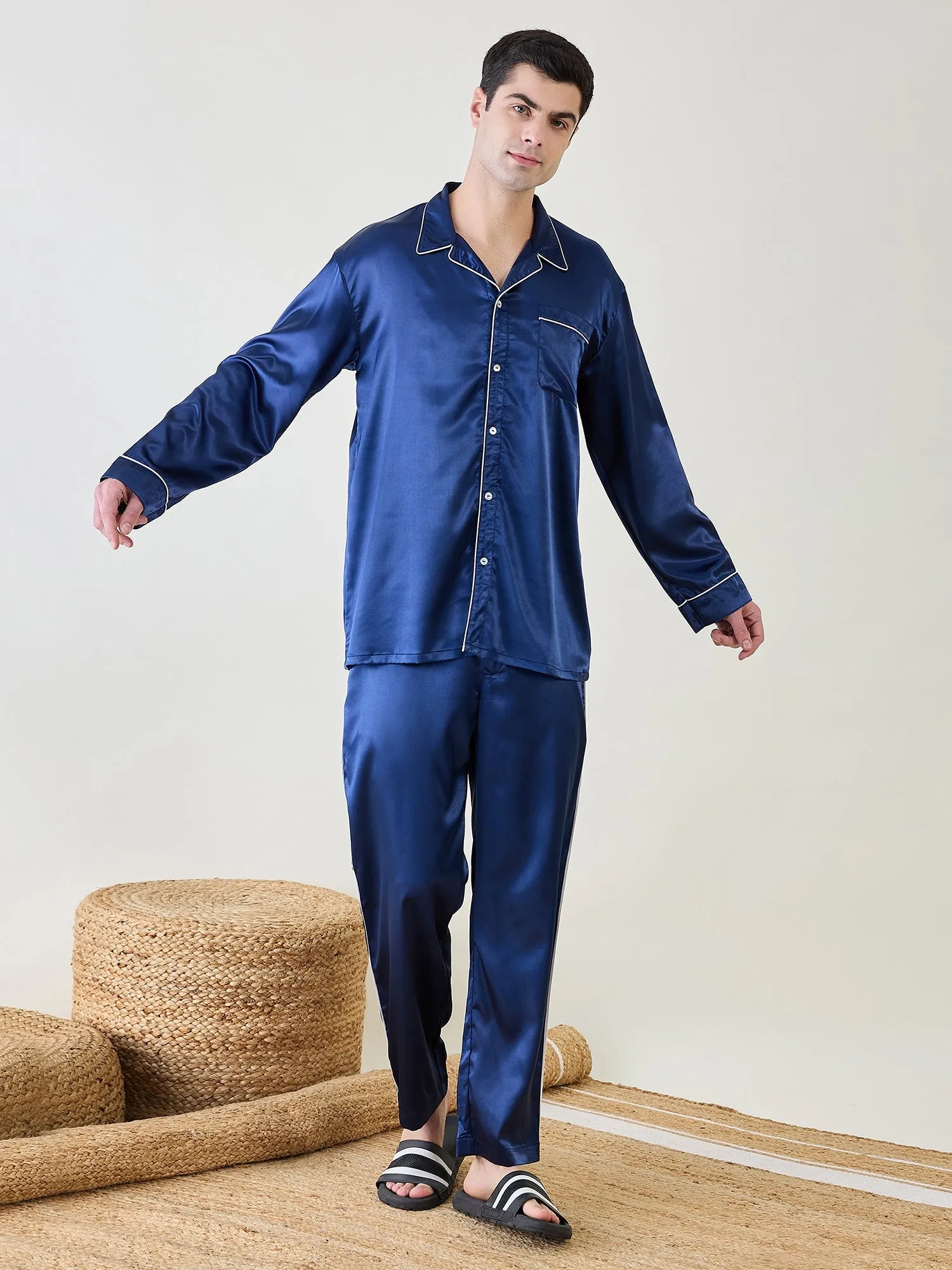 Mens Blue Satin Nightsuit Set