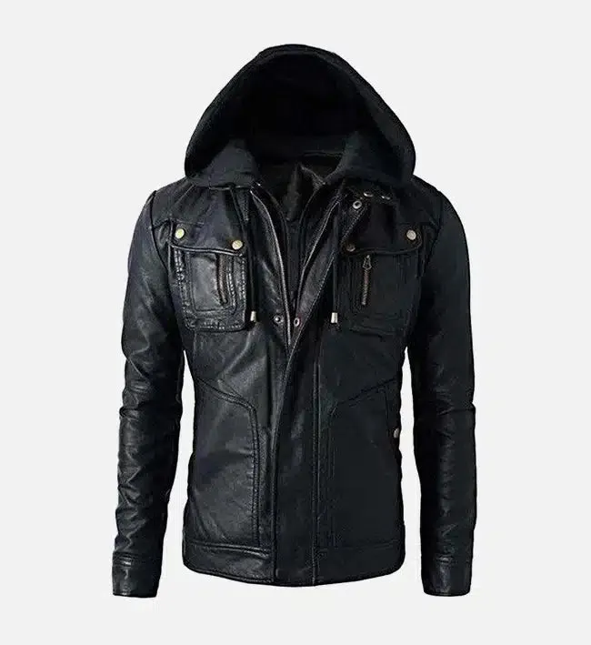 Men’s Detachable Hoodie Black Biker Leather Jacket