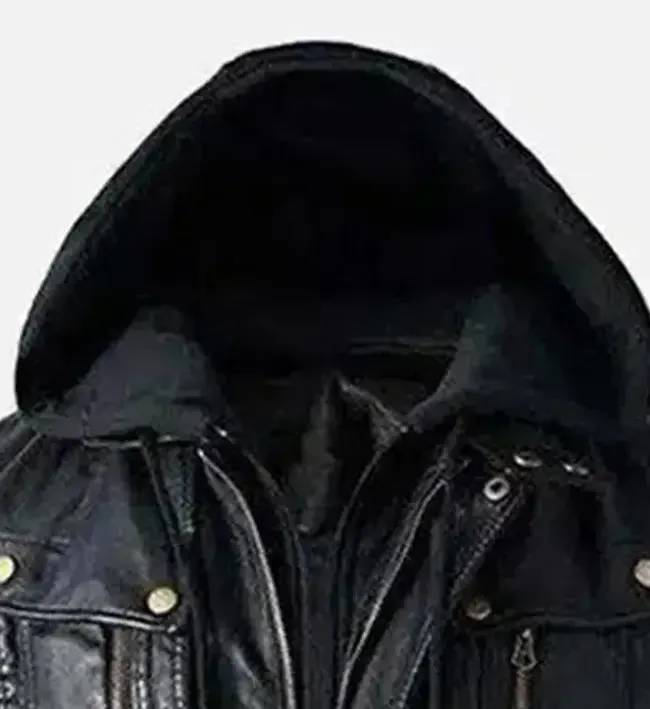 Men’s Detachable Hoodie Black Biker Leather Jacket