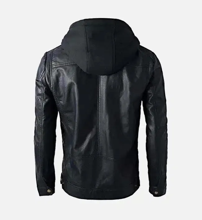 Men’s Detachable Hoodie Black Biker Leather Jacket