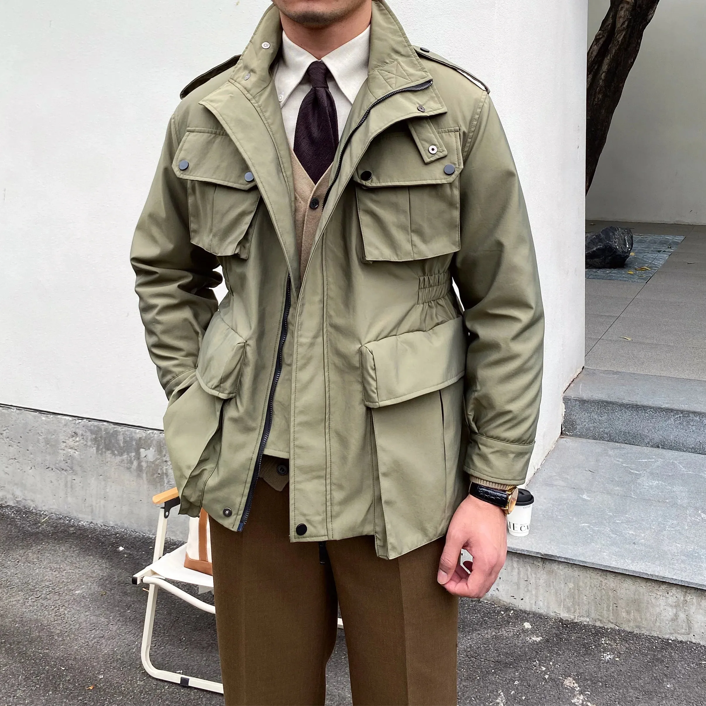 Men's Safari Jacket with Mulit-pockets and Stand Collar