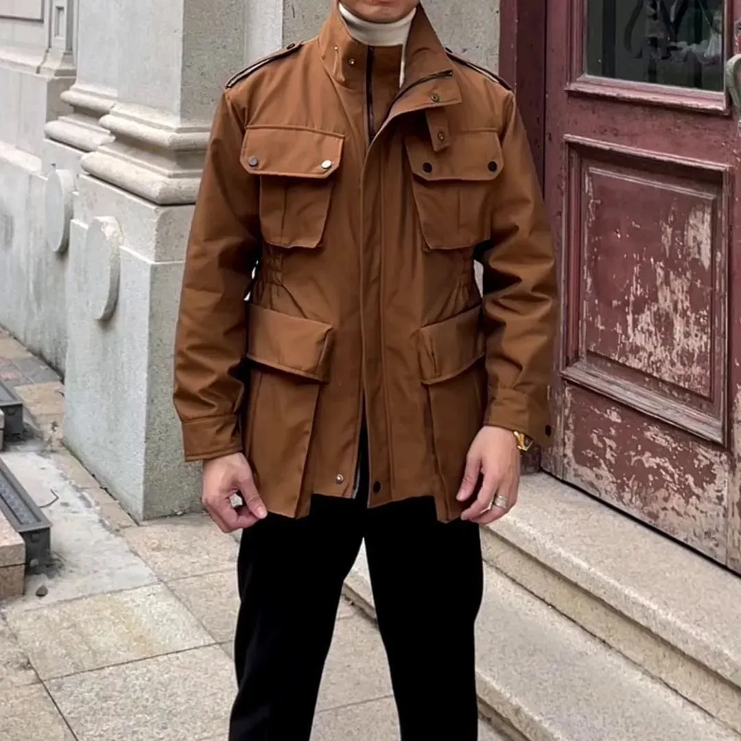 Men's Safari Jacket with Mulit-pockets and Stand Collar