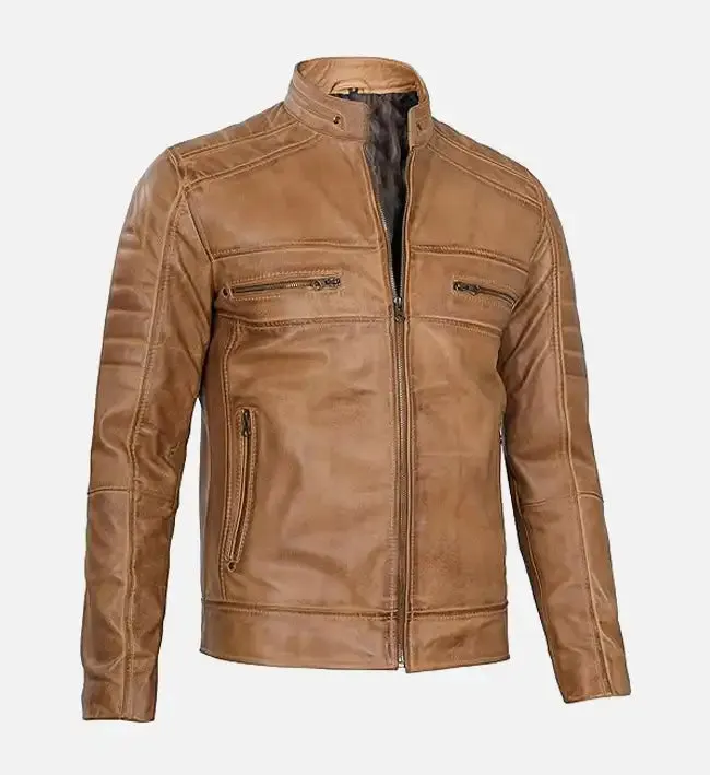 Men's Tan Rust Brown Leather Biker Jacket