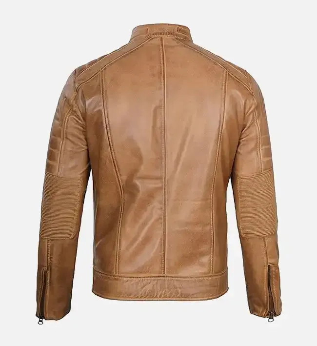 Men's Tan Rust Brown Leather Biker Jacket