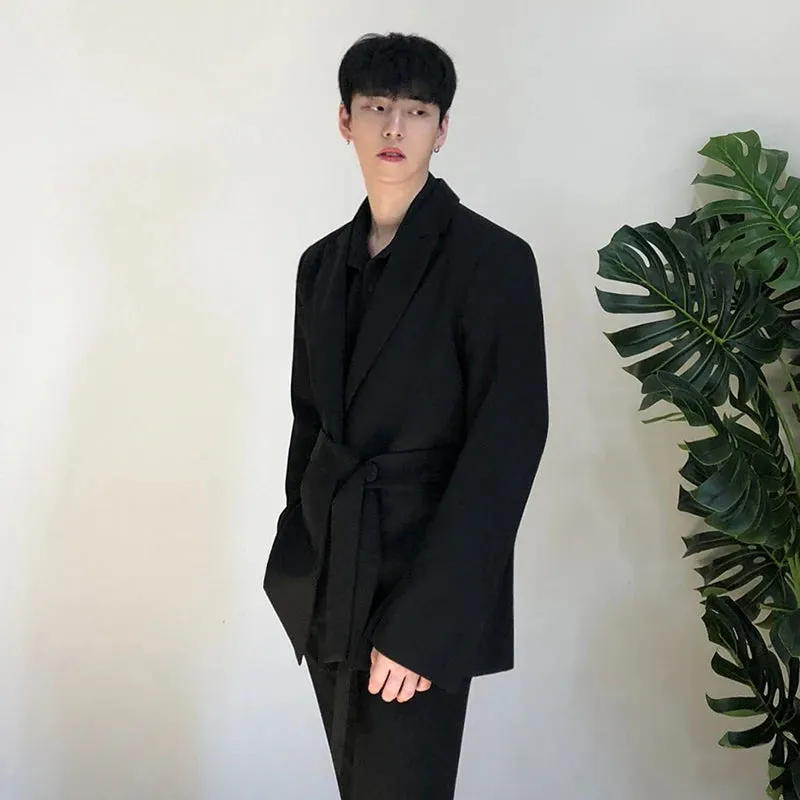 Men's Wear Autumn Casual Black Suit Loose Coat Self-cultivation Trend Handsome Small Blazers With Belt Design 9Y90001