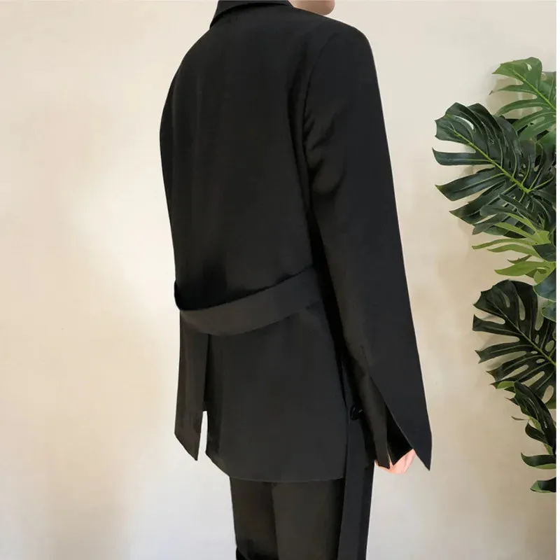 Men's Wear Autumn Casual Black Suit Loose Coat Self-cultivation Trend Handsome Small Blazers With Belt Design 9Y90001