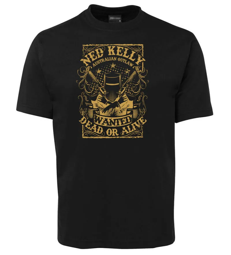 Ned Kelly Dead or Alive T-Shirt (Various Colours, Vegas Gold Print)