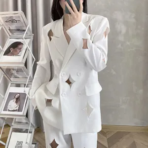 Patchwork Double Breasted Blazers For Women Notched Collar Long Sleeve Loose Solid Hollow Out Blazer Female Fashion