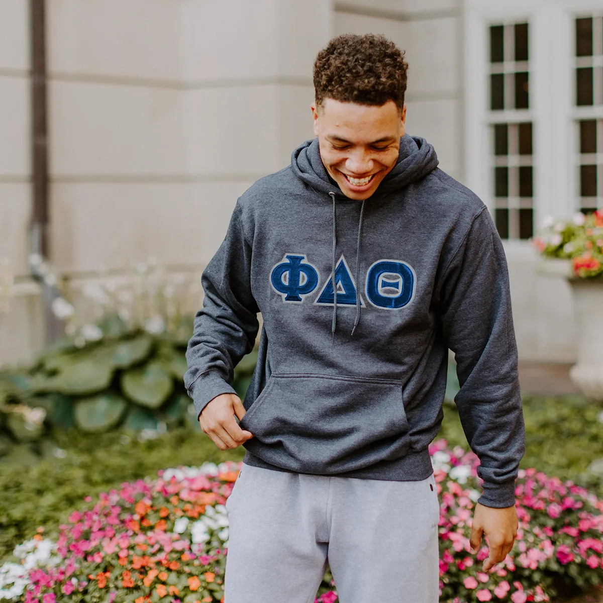 Phi Delt Dark Heather Hoodie with Sewn On Letters