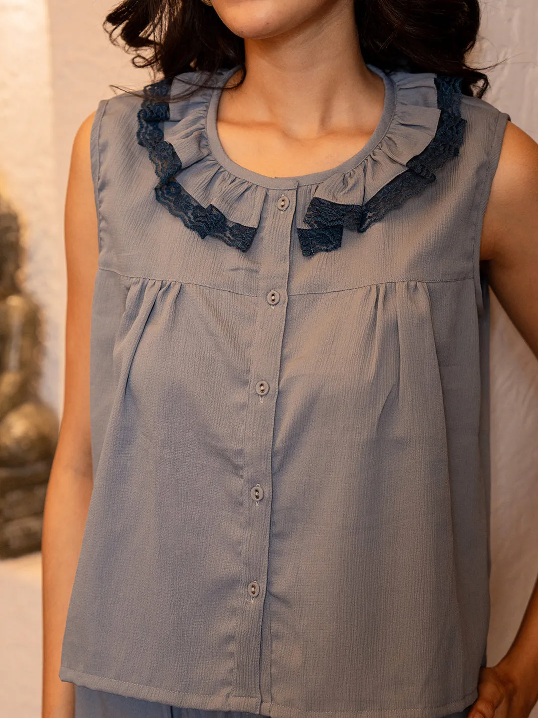 Pigeon Blue Soft Crepe Ruffle Neck Co-Ord Set