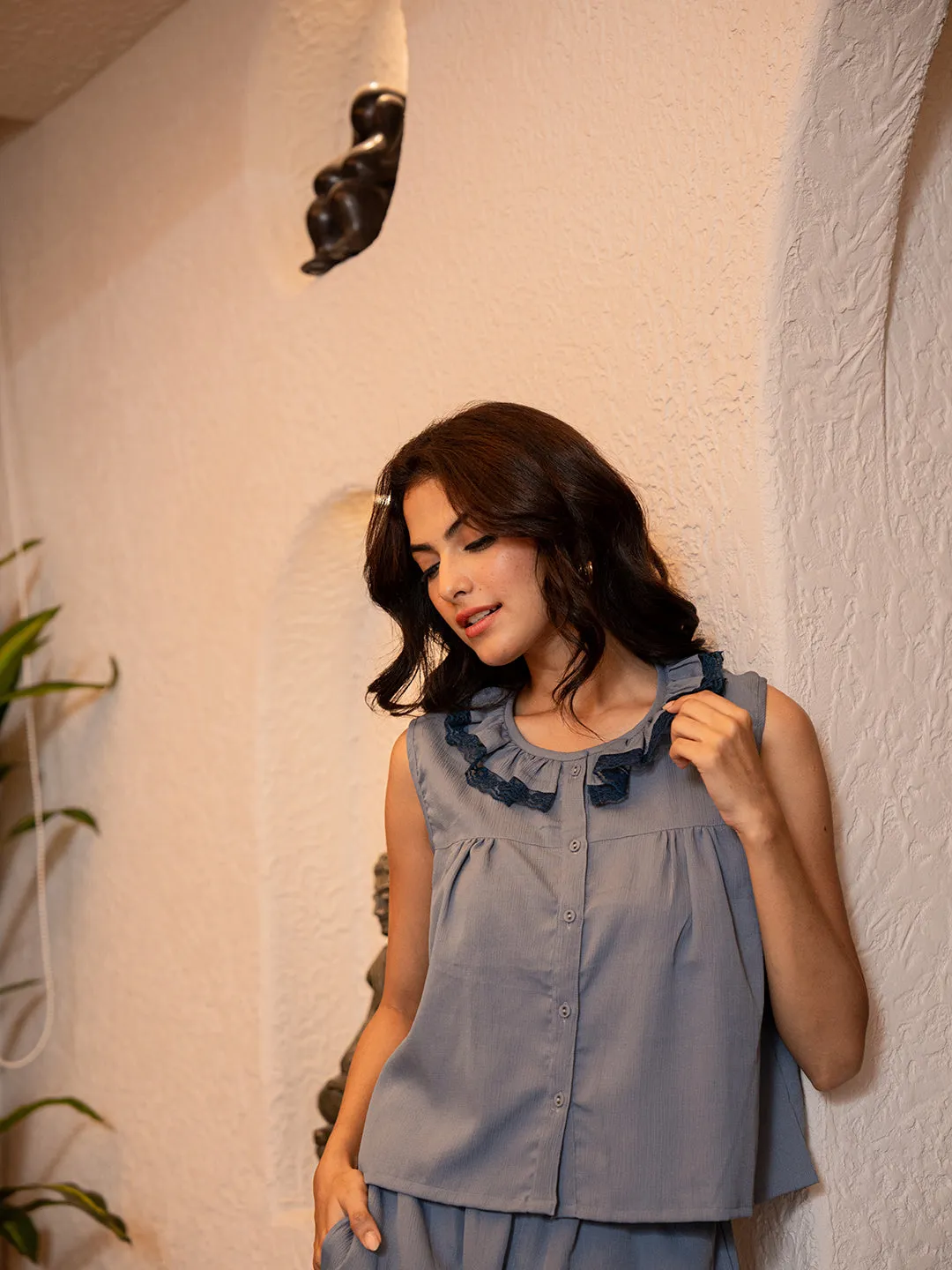 Pigeon Blue Soft Crepe Ruffle Neck Co-Ord Set