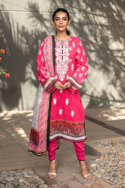 Pink Printed Lawn Pakistani Suit Set With Embroidery