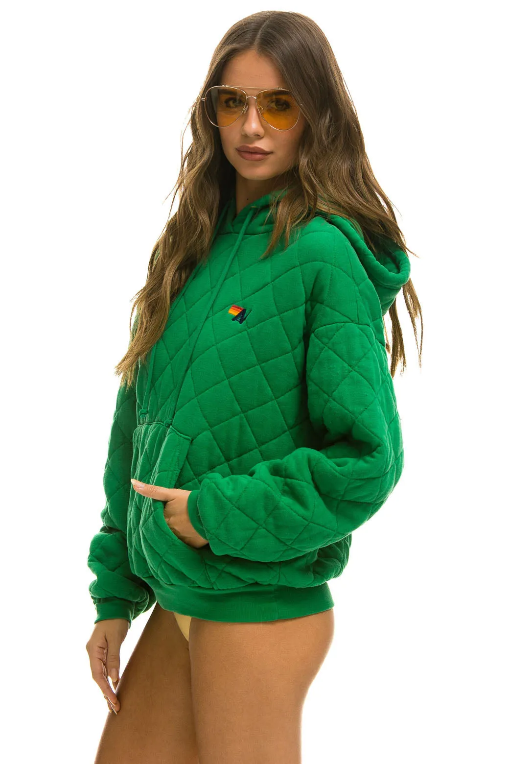 QUILTED RELAXED PULLOVER HOODIE - KELLY GREEN