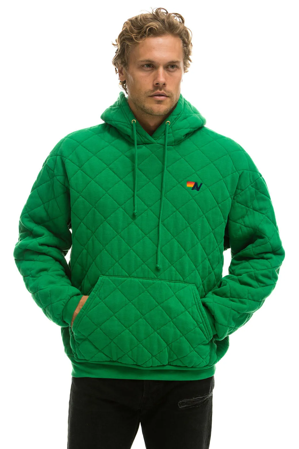 QUILTED RELAXED PULLOVER HOODIE - KELLY GREEN