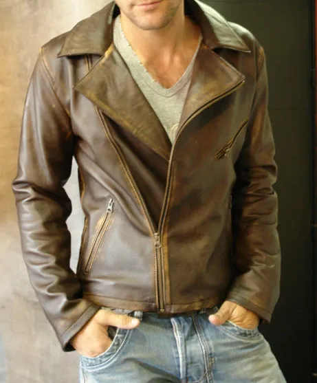 Rebel GOLD Leather Jacket Cafe Aged Distressed Brown Diamond