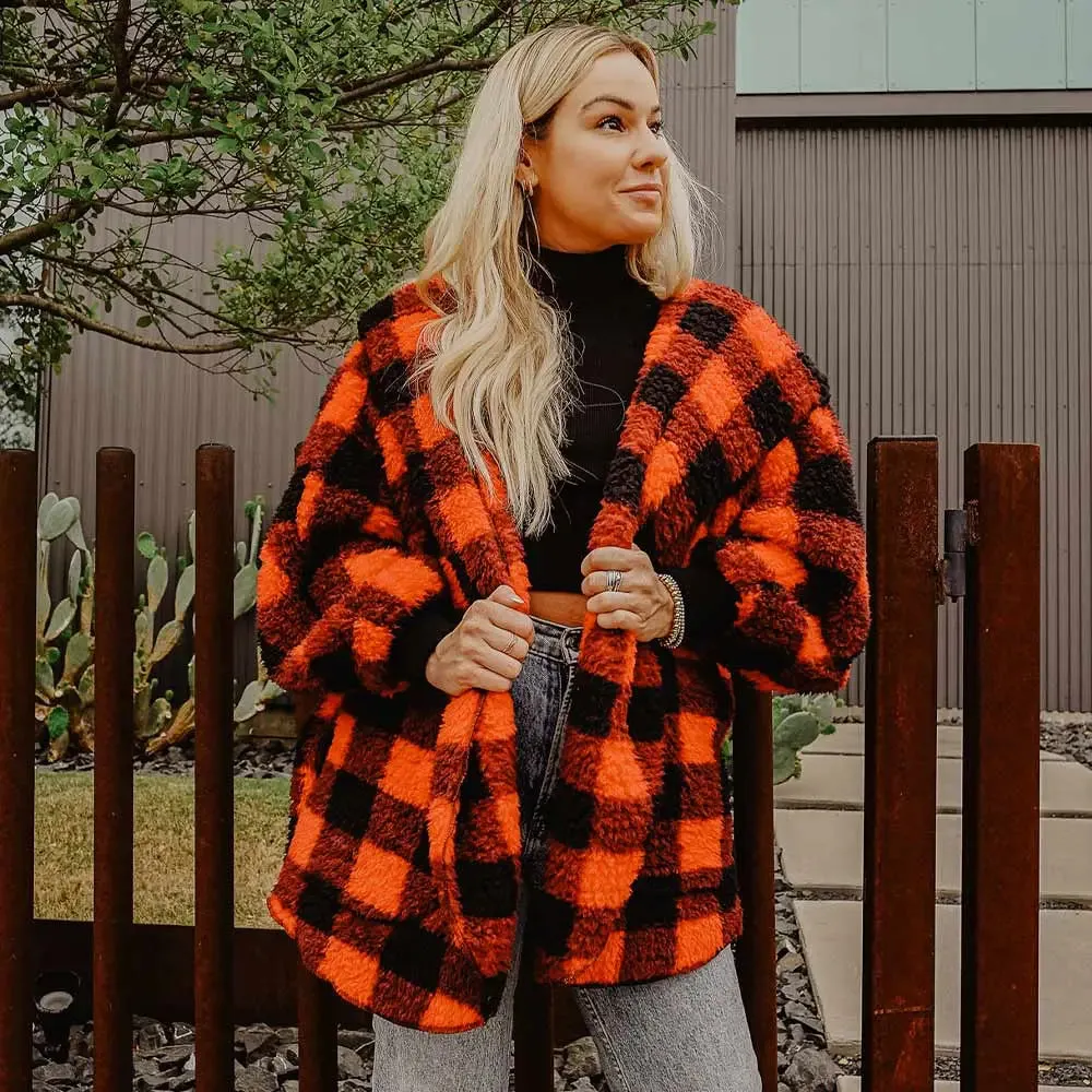 Sherpa Body Wrap Hoodie - Red Buffalo Check