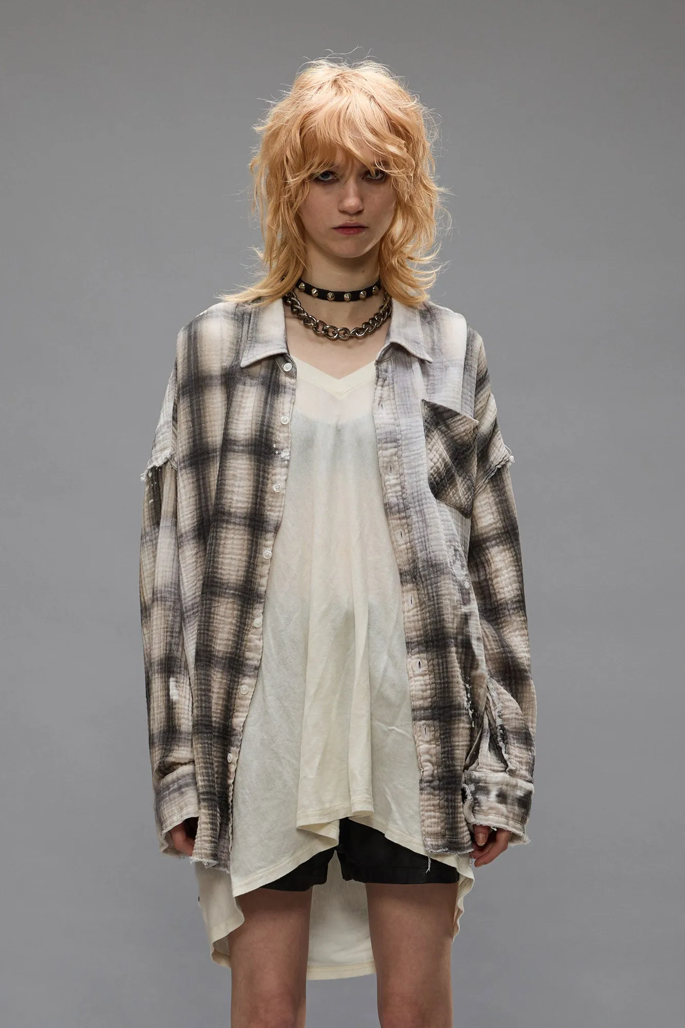 SHREDDED SEAM DROP NECK - PRINTED GREY PLAID