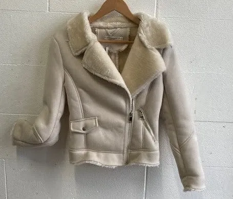 Spicy Sugar Faux Suede Ladies Biker Winter Jacket - Beige / Cream