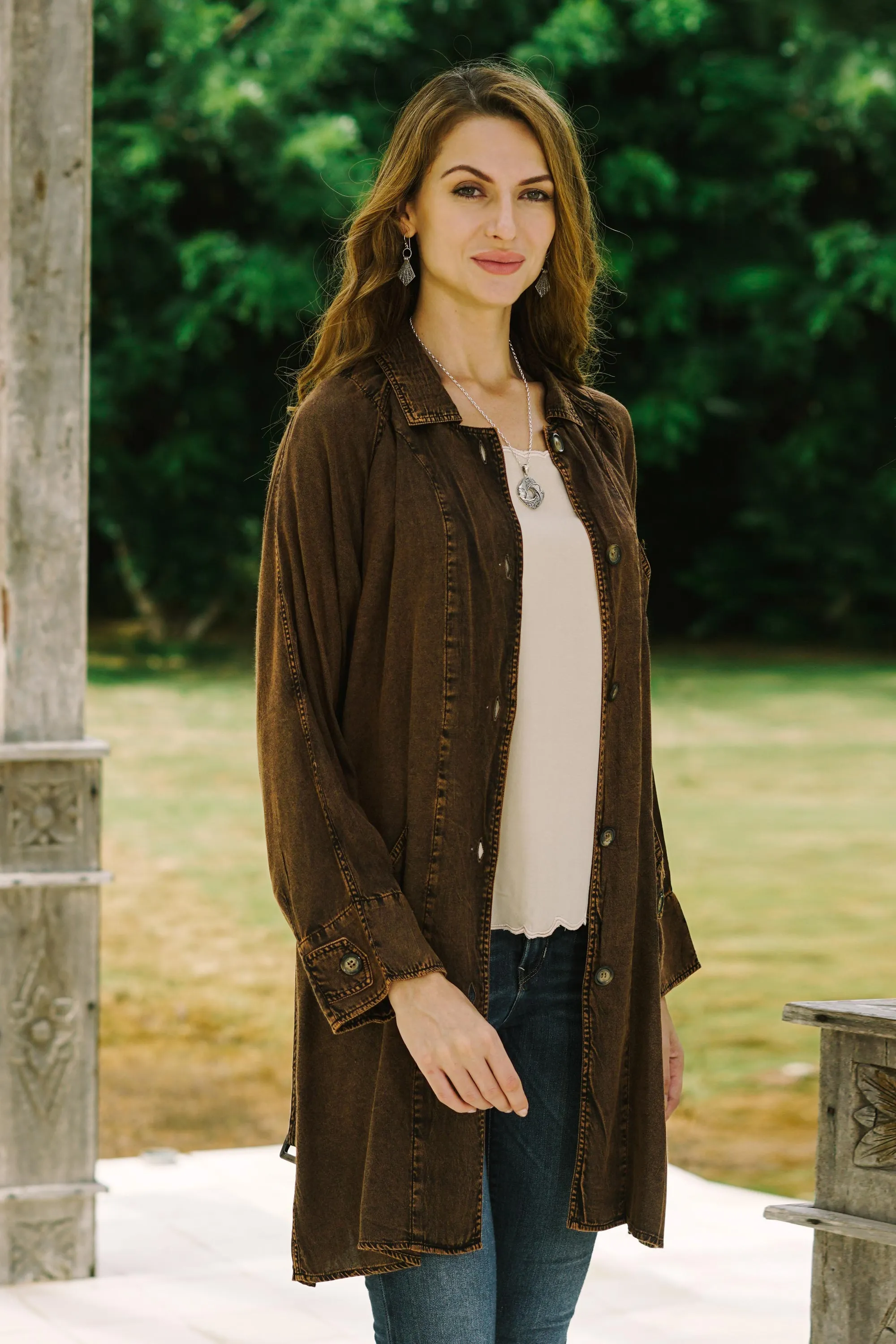 Stone Washed Brown Viscose Trench Coat - Jaipur Fall | NOVICA