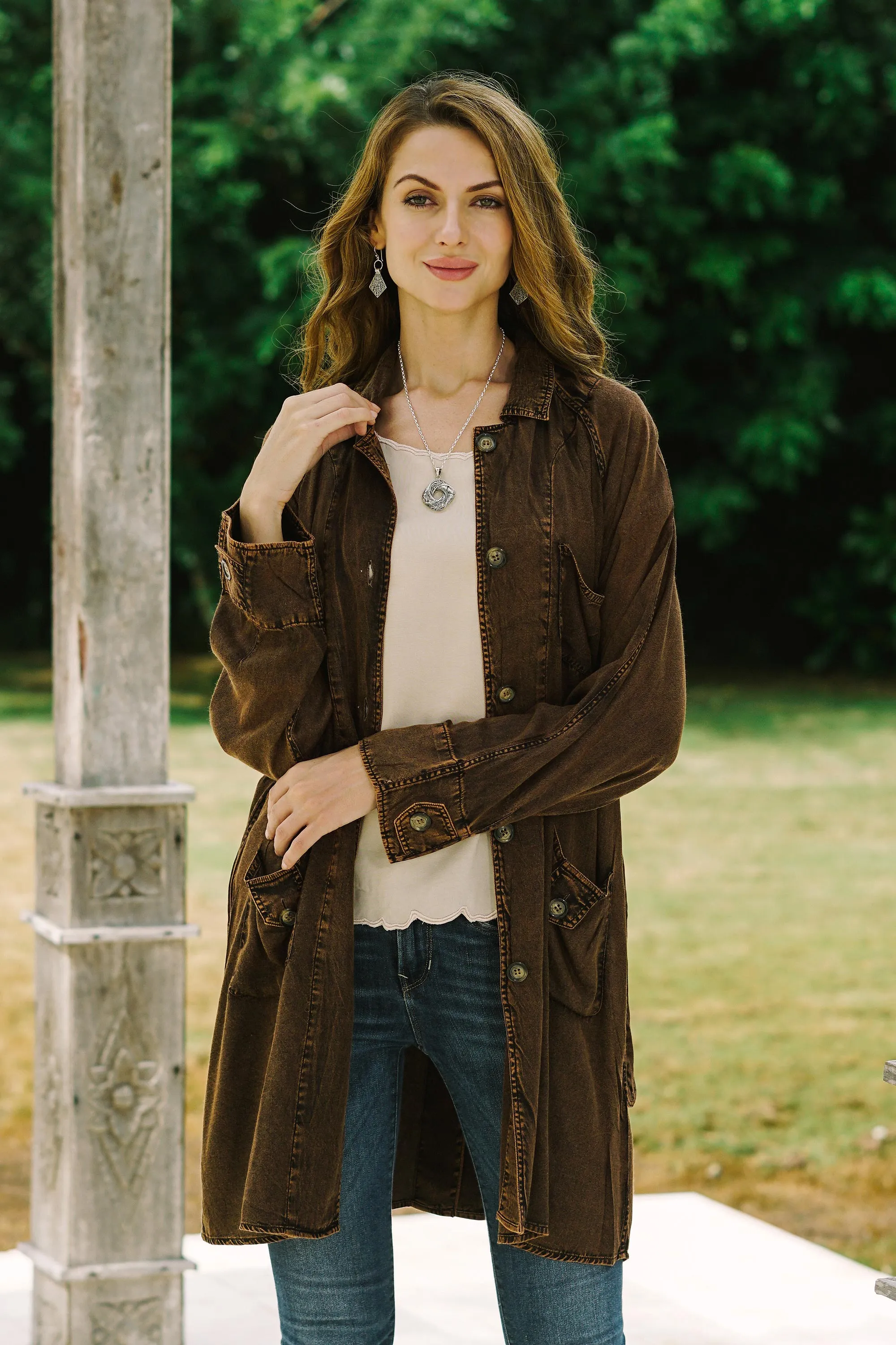 Stone Washed Brown Viscose Trench Coat - Jaipur Fall | NOVICA